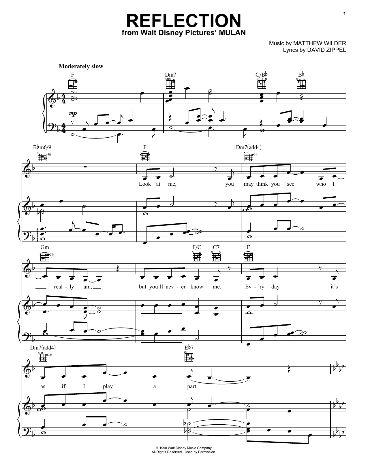 reflection mulan piano chords